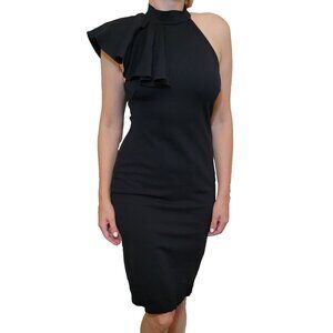 Black Dress Juniors Medium Knee Length One Sleeve Pencil Straight Ruffle Midi